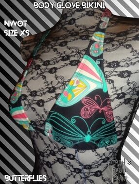 NEW Body Glove Multicolor Black Teal Pink Butterfly Sliding Halter Bikini Top XS